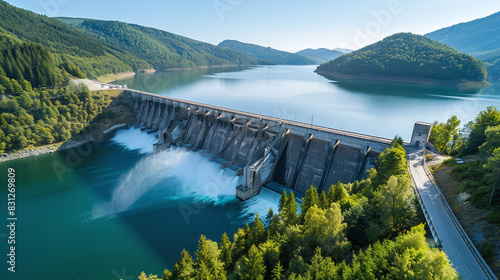 aerial landscape photography of dam and reservoir, renewable clean energy