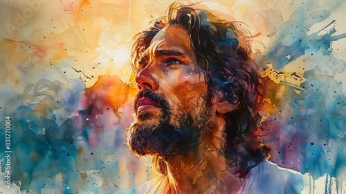 Divine Expression of Jesus Christ in a Watercolor Portrait with Renaissance Influence and Impressionist Technique