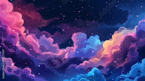 A beautiful night sky filled with fluffy clouds. The colors of the clouds are pink, blue, and purple.