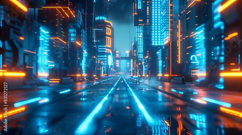 Bright neon night in a cyberpunk city of a future. Photorealistic 3d illustration of the futuristic city. Empty street with blue neon lights.