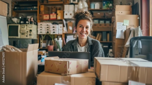 Smiling entrepreneur managing her online business from a home office filled with shipping boxes.
