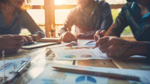 A team collaborates around a table filled with charts and documents, engaging in a productive brainstorming session under warm sunlight.