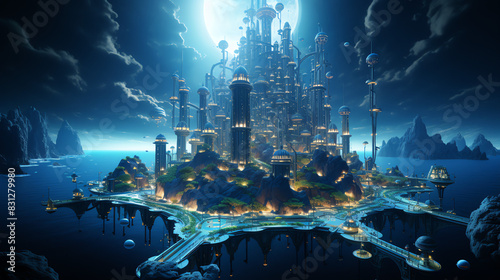 a futuristic city built on a lake or river, with tall buildings and bridges, surrounded by a mountain range and a large moon in the sky.
