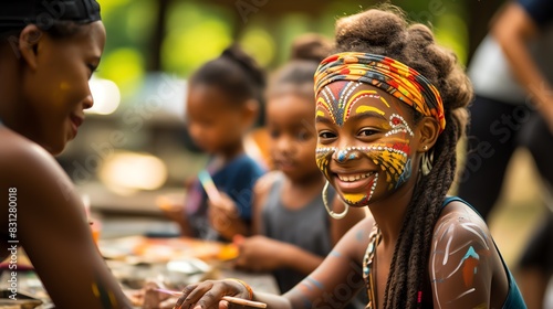 Children engage in joyous moments of face painting and artistic activities at an outdoor cultural festival, surrounded by laughter and creativity.