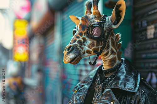 Vibrant and unique surreal urban giraffe portrait with playful street style and creative leather jacket costume in modern cityscape setting