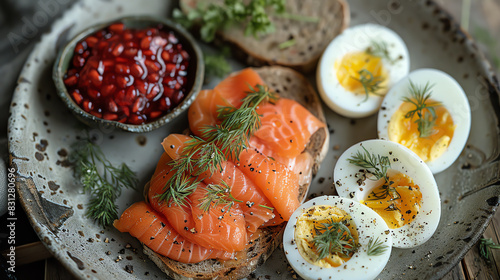 A delicious breakfast of open-faced sandwiches with smoked salmon, hard-boiled eggs, and lingonberry jam.
