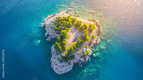 Croatia, beautiful coastline on Adriatic sea, romantic heart shaped island of Galesnjak, aerial drone view
