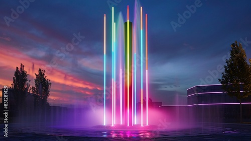 A tall, vertical water fountain with colorful light tubes at the bottom that form an array of vibrant colors in rainbow hues against twilight sky. The background is a cityscape with buildings and