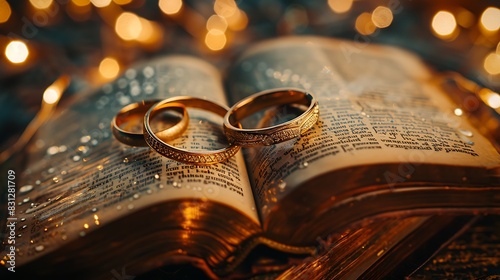  A golden wedding ring is placed on a page of a opened bible, symbolizing the love and eternal commitment of the couple.