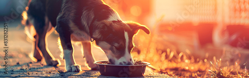 A Symphony of Love and Sustenance: The Captivating Image of an Attentive Dog Dining by His Bowl on a Hazy Stone Background – A Delight for Canine Admirers