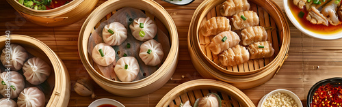 A variety of dim sum in bamboo steamers beautifully arranged on a wooden table with garnishes craftsmanship 