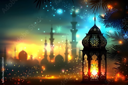 Eid Ul Adha mubarak and ramadan kareem greetings with islamic lantern, mosque window background with night lights illustration