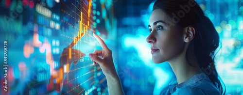 Business woman touching virtual screen with a stock market graph and candlestick chart on a blue background, representing a business concept.