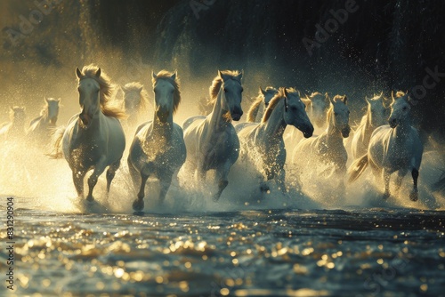 Group of Horses Running Across Body of Water