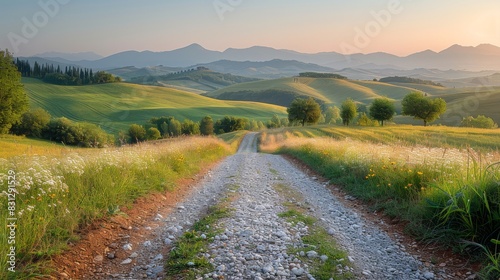 Italian countryside in summer; rolling hills and country road.