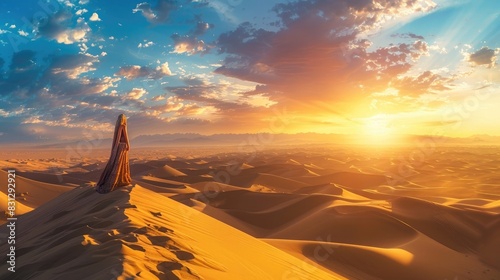 A beautiful woman stands at the top of sand dunes in a desert. She wears a traditional dress and looks at the sunset during the golden hour light. 