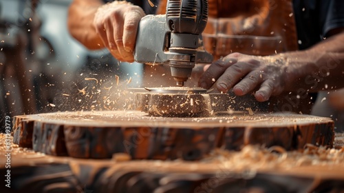 Man Grinding Wood Piece With Grinder close up