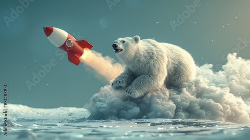 A polar bear is running through the air with a rocket behind it