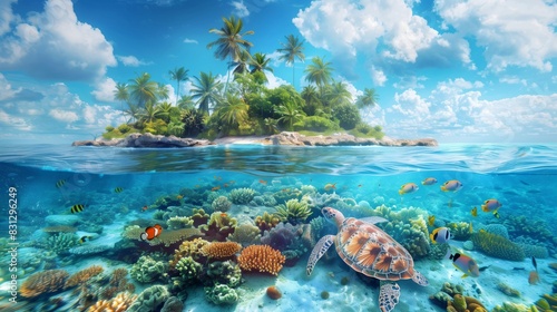 Abstract background , A beautiful tropical island with palm trees and clear blue water, a colorful coral reef and sea anemone at the bottom with an underwater view of a sea turtle and three clownfish.