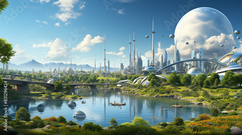 A futuristic city with many tall buildings, green parks, and a river running through the middle.