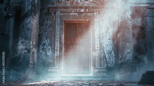 A door is open in a building with a foggy atmosphere