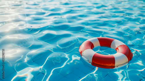 red and white lifebuoy floating on blue water in swimming pool background, summer concept for first aid protection or medical help and safety