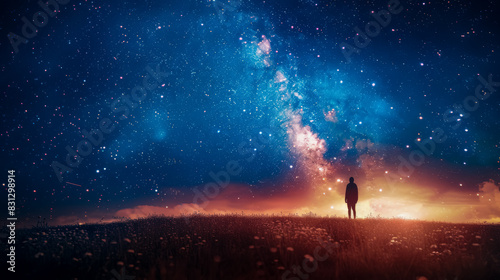 Man Standing on Hill Under Starry Night Sky, the silhouette of the figure