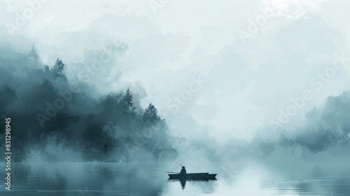 Solitary boatman in misty lake landscape