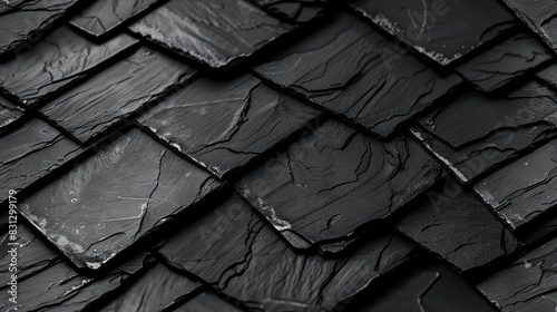 A black and white photo of a roof made of black tiles