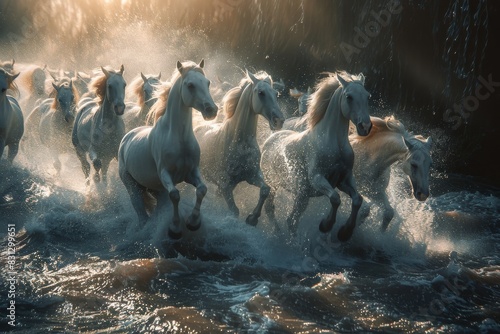 Group of Horses Running Across Body of Water