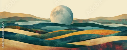 Artistic panorama featuring a large moon rising over colorful, surreal desert hills