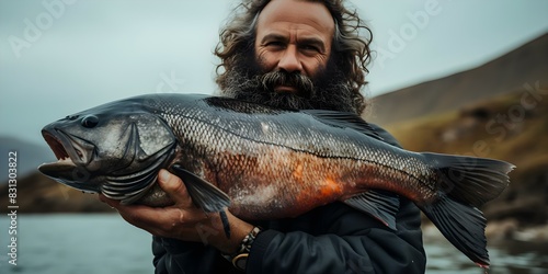 Proud Bearded Fisherman Displays Successful Day's Catch. Concept Fishing, Catch of the Day, Bearded, Outdoors, Proud