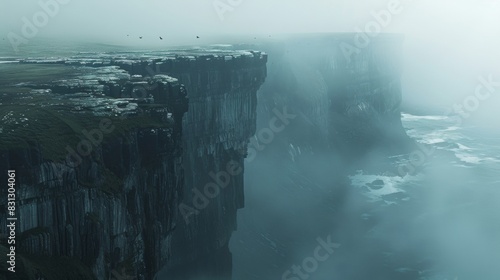 Dramatic mist-covered cliffs rise above stormy ocean waves, creating a mysterious and atmospheric seascape.