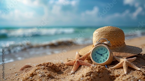 beachside alarm clock with a straw hat, starfish on the sand, and a sea background. Time for summer vacation. Last minute deals.