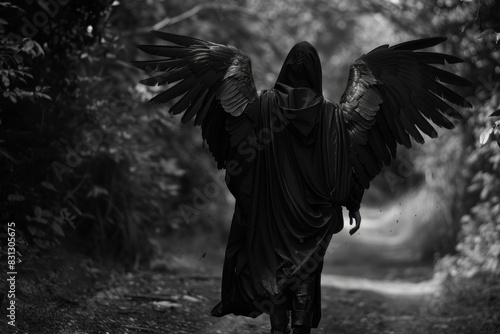 Dark, enigmatic figure with large raven wings stands amidst a moody forest pathway