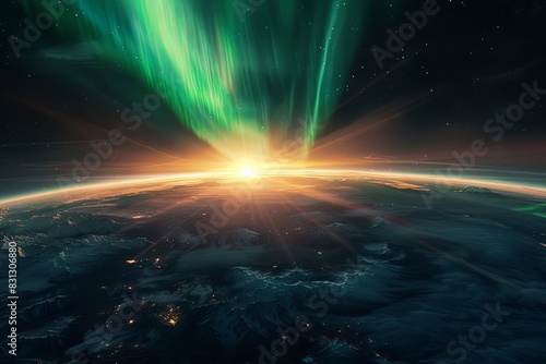 Cinematic capturing the breathtaking sight of a massive aurora borealis enveloping the Earth, extending down to the equator, with the sun peeking behind the planet's rim, casting North