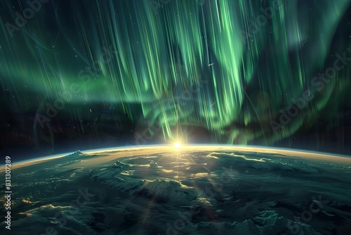 cinematic image capturing the awe-inspiring scene of a vibrant aurora borealis encircling the Earth, stretching towards the equator, with the sun's gentle glow just cresting over the planet's