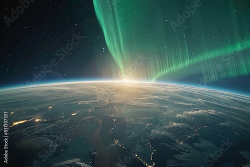 cinematic image capturing the awe-inspiring scene of a vibrant aurora borealis encircling the Earth, stretching towards the equator, with the sun's gentle glow just cresting over the planet's