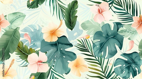 Flat watercolor pastel-colored seamless pattern featuring delicate flowers and leaves, perfect for a serene and charming look