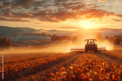A serene image of farmers harvesting crops in a field, with a backdrop of a rural landscape and a setting sun, 3D render