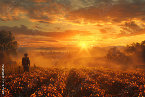 A serene image of farmers harvesting crops in a field, with a backdrop of a rural landscape and a setting sun, 3D render