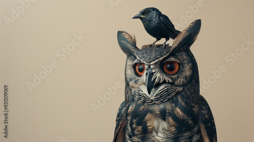 An owl with a bird standing on its head, isolated against a taupe background. An ironic image of a vigilant owl with its prey standing on its head. Oversight. False confidence. Missing the obvious.