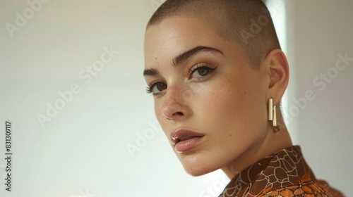 A woman with a shaved head and gold earrings