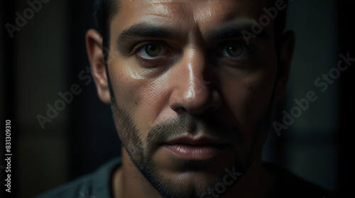 a close-up portrait of an imprisoned man behind the iron bars staring into the camera in a dark background 