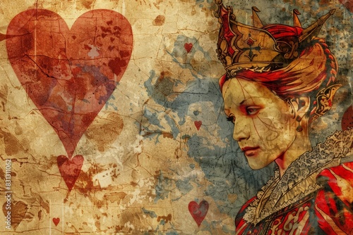 queen of Hearts on Valentine's Day card background, medieval gothic iconography