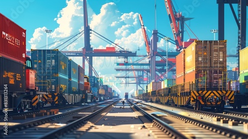Freight train in a logistics hub, surrounded by cranes and loading equipment