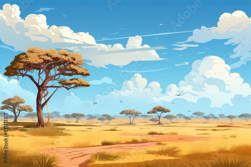 Savannah habitat with acacia trees, flat design, side view, grassland theme, animation, Monochromatic Color Scheme