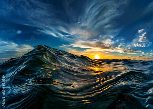 AI Image. Waves in sea against the dramatic sky during sunset