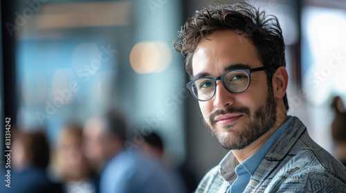 Confident young man with glasses portrait. Close up portrait of a confident young man with glasses and a beard, smiling slightly at the camera.