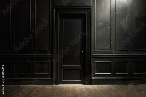 Dimly lit image highlighting a closed black door in a dark room with elegant paneling